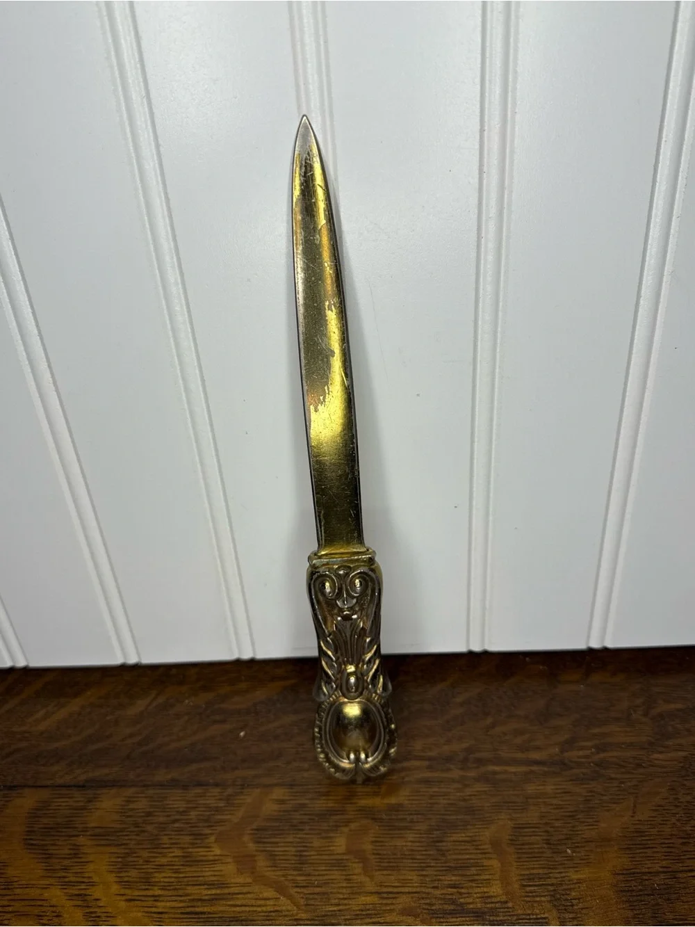 Vintage Ornate Heavy Brass Letter Opener Shield Laurel | Gothic Library Decor